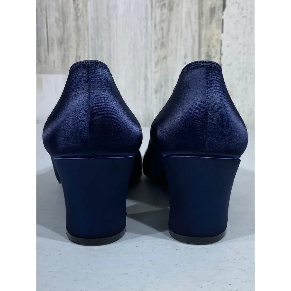 Coloriffics Silver‎ Slipper Vintage Navy Blue Satin Block Heels Womens Size 9.5
